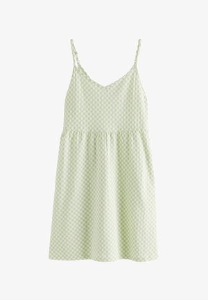 Groen geruit jurkje met spaghettibandjes, uitlopende rok en een textuurstof. Heeft een V-hals en eenGathered taille.