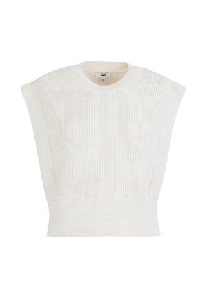 Light cream knitted pullover with a ribbed texture, wide shoulder design, and a fitted bottom band. Simple and modern silhouette.