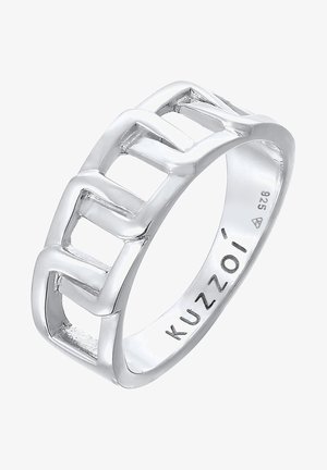 Hopea rengas, jossa on ketjun linkki -muotoilu, sileä pinta ja ontot linkkiosat. Merkitty "925" ja "Kuzzoi." Mittaa tavanomaista rengaskokoa.