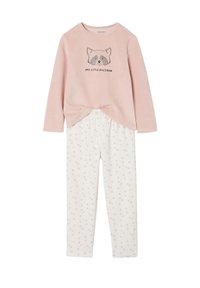 Light pink long-sleeve top with raccoon graphic and text; paired with white pants featuring gray polka dots. Soft fabric, casual design.