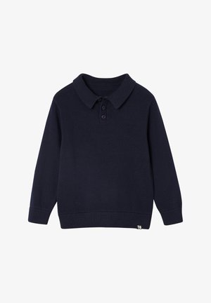 Marineblauer Langarm-Polo-Pullover aus weichem Strickstoff, mit klassischem Kragen und einer Drei-Knopf-Leiste. Kleines Logo am Saum.