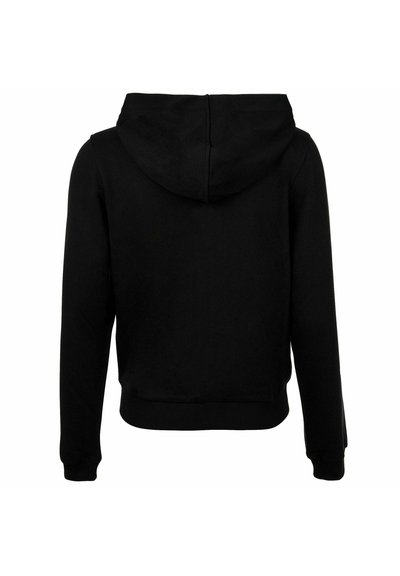 Sweat-shirt à capuche noir à manches longues, avec poignets et ourlet côtelés, montré de dos sur un fond blanc.