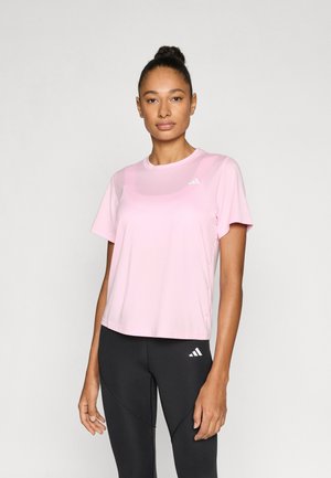 Lyserød atletisk T-shirt med korte ærmer, rund hals, lavet af strækstof; har hvid Adidas-logo på brystet og siden.