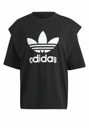 Czarna koszulka Adidas z szerokim krojem na ramionach, dużym białym logo koniczyny i tekstem "adidas" z przodu.