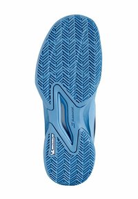 Hellblaue Sneakersohle mit einem strukturierten, zickzackförmigen Muster für Traktion. Verfügt über ein Ausschnittdesign und das Michelin-Logo an der Seite.