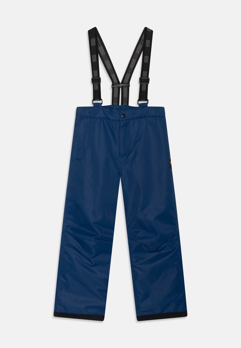 Blaue wasserdichte Hose mit verstellbaren schwarzen Trägern, einem Druckknopfverschluss und einer Seitentasche. Glatte Textur und weites Bein-Design.