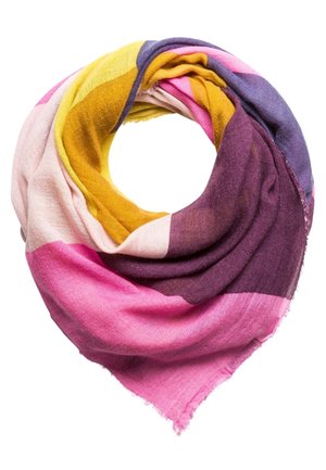 Écharpe douce multicolore aux teintes rose, violet, moutarde et jaune, pliée en forme circulaire avec des bords effilochés.