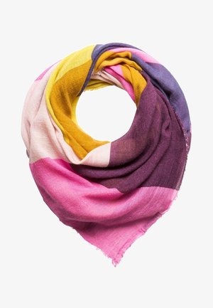 Écharpe douce multicolore aux teintes rose, violet, moutarde et jaune, pliée en forme circulaire avec des bords effilochés.
