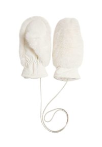 Mânuși albe din blană cu o textură moale, cu încheieturi elasticizate și un cordon atașat pentru comoditate. Suprafață netedă cu o formă rotundă.