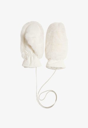 Fehér szőrű kesztyűk puha tapintással, rugalmas csuklóval és kényelmesen rögzített zsinórral. Simító felület és kerek forma.