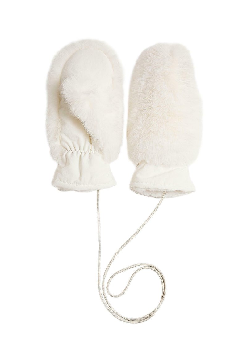 Mânuși albe din blană cu o textură moale, cu încheieturi elasticizate și un cordon atașat pentru comoditate. Suprafață netedă cu o formă rotundă.