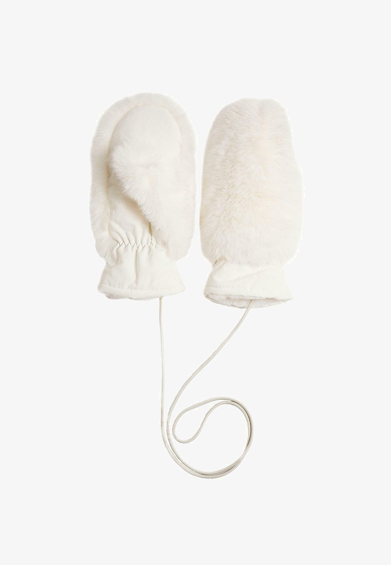 Mânuși albe din blană cu o textură moale, cu încheieturi elasticizate și un cordon atașat pentru comoditate. Suprafață netedă cu o formă rotundă.