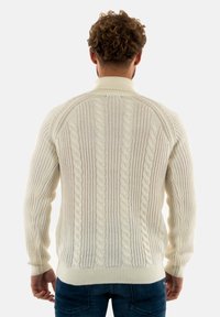 Suéter de crema claro con un diseño de punto trenzado, con puños y dobladillo acanalados. La parte posterior tiene textura con patrones de punto alternos.