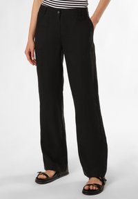 Black linen trousers with a straight-leg design, featuring two front pockets and a button closure. Paired with black sandals.
