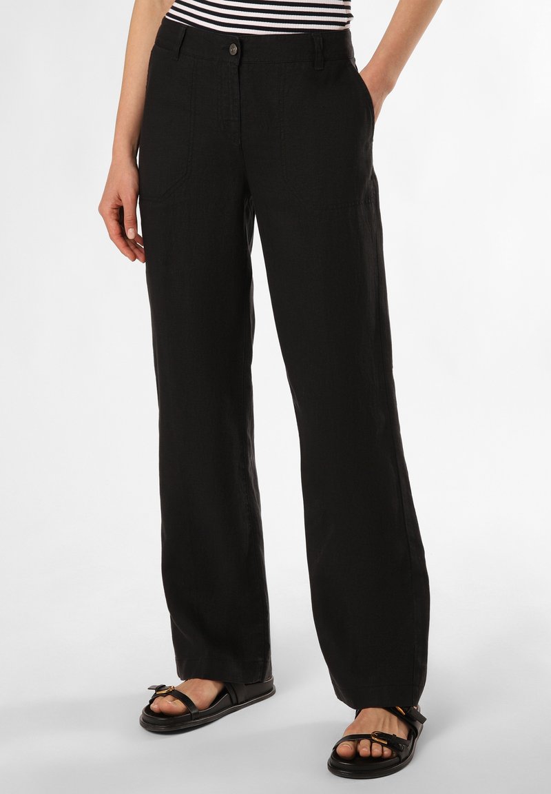 Black linen trousers with a straight-leg design, featuring two front pockets and a button closure. Paired with black sandals.