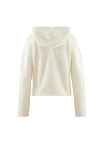 Geknipte witte hoodie gemaakt van zachte stof, met lange mouwen en een gladde textuur, met een eenvoudig ontwerp en geen zichtbare sluitingen.