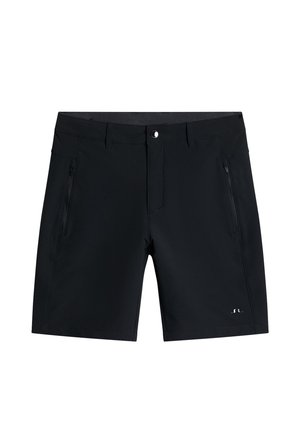 Czarne szorty wykonane z gładkiego, lekkiego materiału. Posiadają kieszeń zapinaną na zamek, szlufki na pasek oraz zapięcie na guzik w talii.