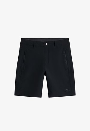 Schwarze Shorts aus einem glatten, leichten Material. Mit einem Reißverschlusstaschen, Gürtelschlaufen und einem Knopfverschluss an der Taille.