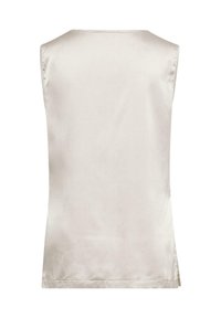 Mouwloos topje in lichtbeige satijn, met een gladde textuur, getailleerde vorm en een subtiele glans. Naadloze achterkant zonder versieringen.