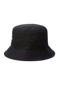 Black cotton bucket hat with stitched brim and ventilation eyelets on the sides.