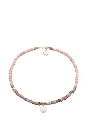 Perlenkette mit rosa und mehrfarbig gestreiften Perlen, mit einem zentralen weißen Muschelanhänger und einem goldenen Verschluss mit Verlängerungskette.