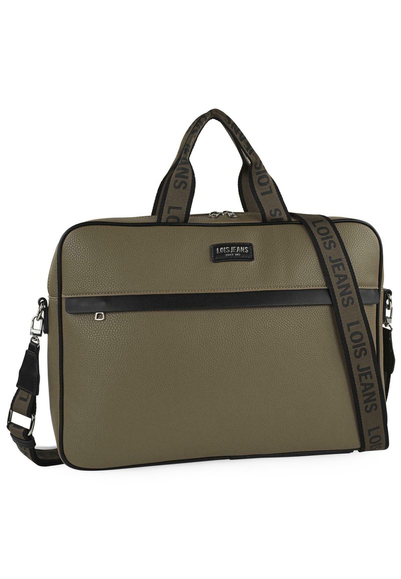 Bolsa de portátil texturizada en caqui con asas dobles, correa de hombro ajustable, acentos negros y un bolsillo delantero con cremallera. Incluye detalle del logo.