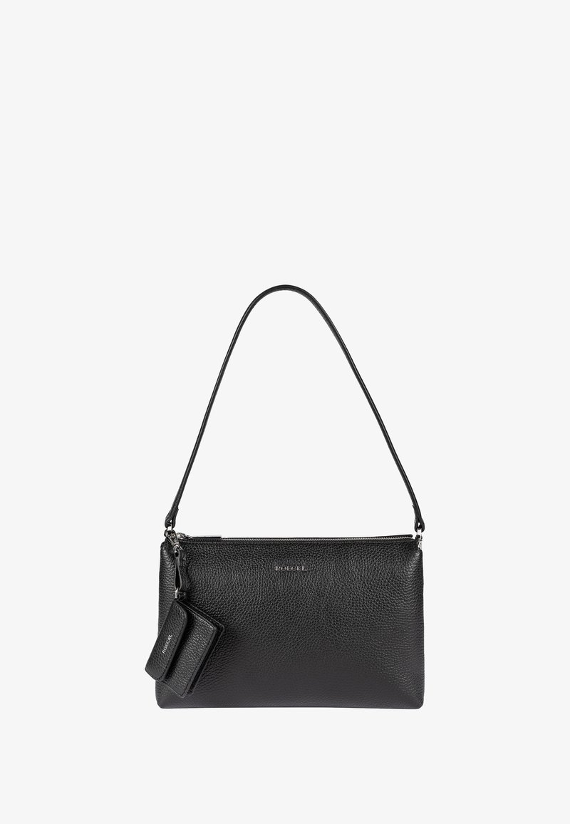 Black leather handbag with a pebbled texture, zip closure, and a removable small card holder attached by a chain. Long shoulder strap included.