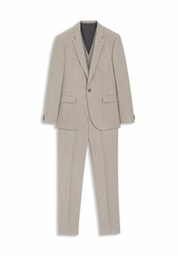 Costume homme beige clair deux pièces avec veste simple boutonnage, revers crantés, poches à rabat et pantalon assorti sur fond blanc.