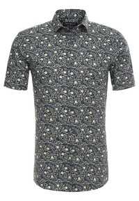 Camicia a manica corta in tessuto blu scuro con motivi floreali bianchi, colletto con bottoni e orlo dritto. Progettata per un look casual.