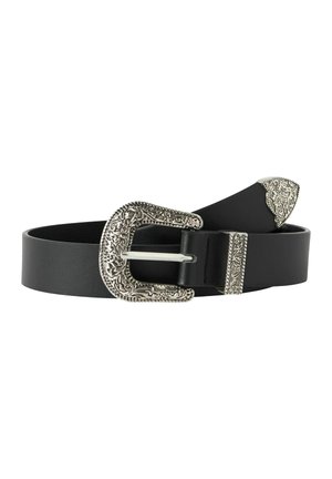 Black leather belt with ornate silver floral-engraved buckle, loop, and tip, coiled against a white background.