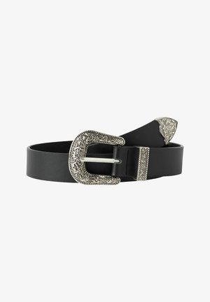 Black leather belt with ornate silver floral-engraved buckle, loop, and tip, coiled against a white background.