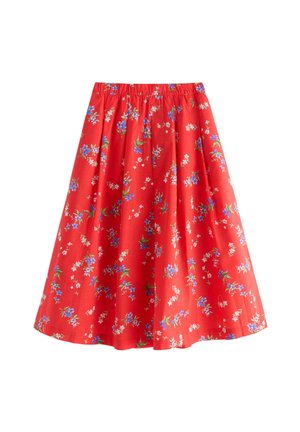 Rødt A-formet skørt med elastik i taljen, prydet med et blomsterprint af blå og hvide blomster med grønne blade.
