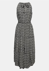 Sort blomster maxi kjole med halterneck, indsnævret talje og flodende nederdel. Har et lille hvidt blomstermønster og justerbar snøring.