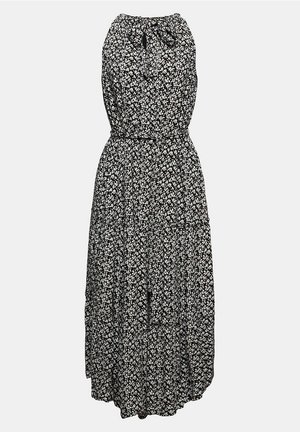 Robe maxi noire à fleurs avec un col licou, taille cintrée et jupe fluide. Présente un motif de petites fleurs blanches et un lien ajustable.