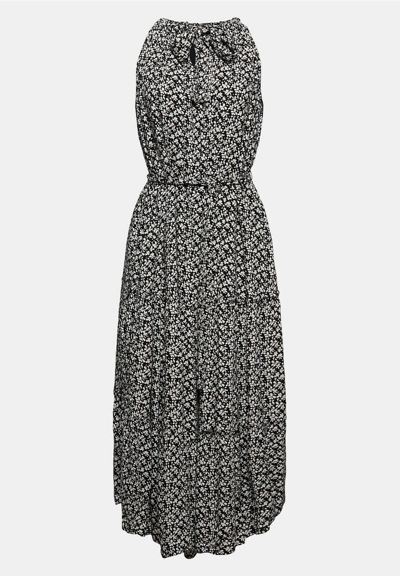 Sort blomster maxi kjole med halterneck, indsnævret talje og flodende nederdel. Har et lille hvidt blomstermønster og justerbar snøring.