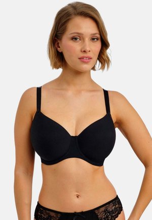 Zwarte gewatteerde beha met verstelbare bandjes, naadloos ontwerp en een gladde textuur. Inclusief een kantafwerking aan de tailleband van bijpassende zwarte slipjes.