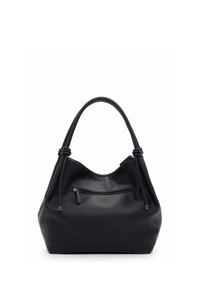 Melna teksturēta ādas soma ar noapaļotu rokturi, priekšējā rāvējslēdzēja kabata un sasienama siksnas detaļas.