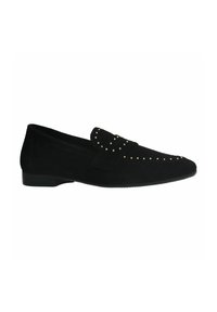 Zwarte suède loafers met een platte zool, voorzien van gouden studs langs de band en de teenkant voor extra detail. Glad textuur overal.
