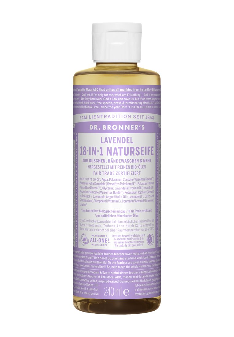 Transparent plastflaska som innehåller 240 ml lavendeldoftande flytande tvål. Etiketten har en lila bakgrund, vit text och Fair Trade-logotyp.