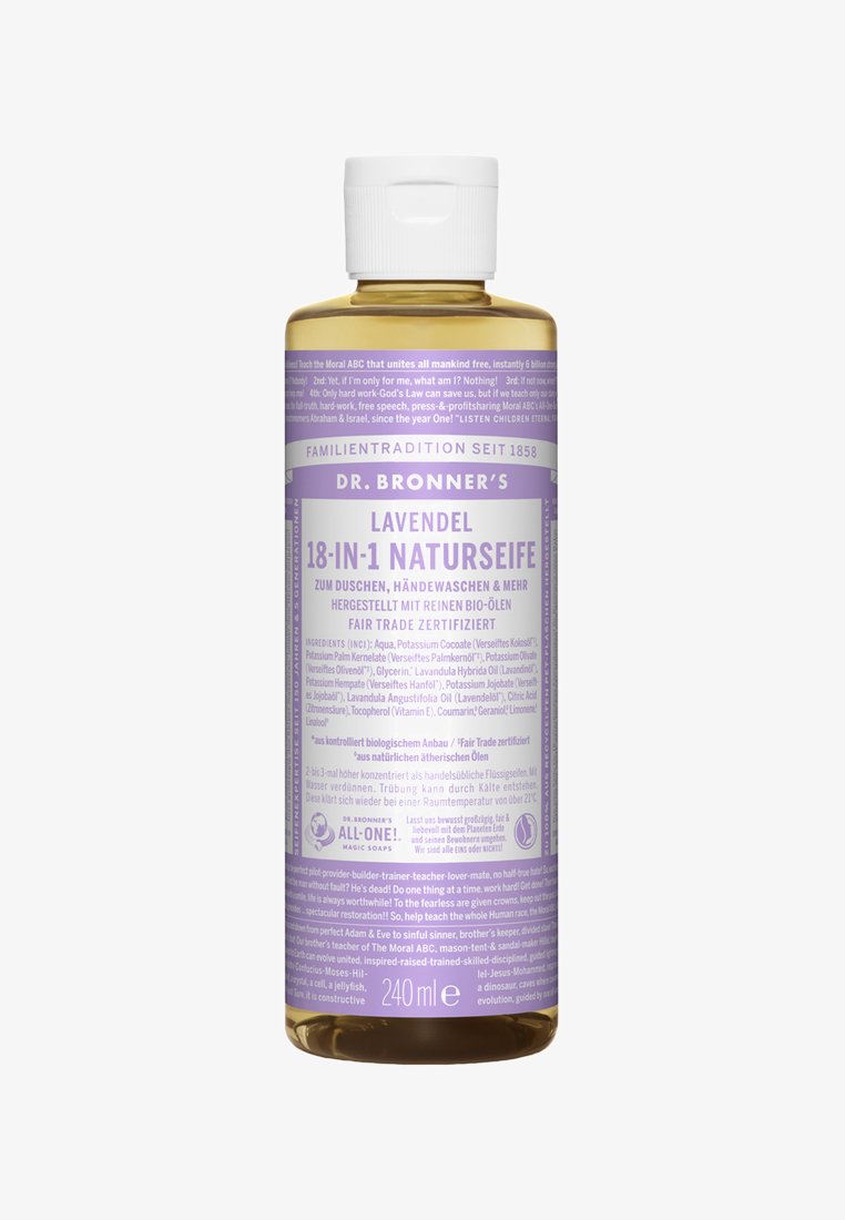 Klare Plastikwasserflasche mit 240 ml lavendelduftendem Flüssigseife. Das Etikett zeigt einen lila Hintergrund, weiße Schrift und das Fair Trade-Symbol.
