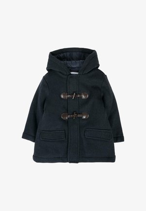 Abrigo de lana de color azul oscuro con capucha desmontable, que cuenta con toggle marrones y dos bolsillos frontales. Textura suave con un diseño limpio.