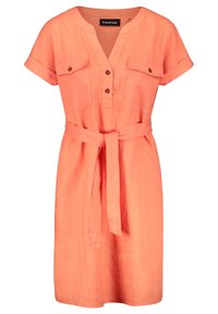Vestido de lino coral con mangas cortas, escote en V, dos bolsillos en el pecho, cierre de botones y un cinturón a juego en la cintura.