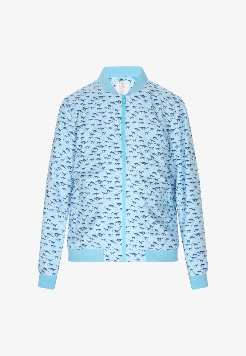 Lysblå bomberjakke med et helover navy dinosaurprint, elastiske manchetter og lynlås foran. Struktureret stof med en glat finish.