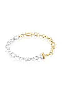 Braccialetto a catena bicolore con maglie ovali in oro e argento e chiusura ad anello in oro e argento su sfondo bianco.