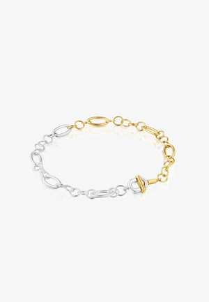 Braccialetto a catena bicolore con maglie ovali in oro e argento e chiusura ad anello in oro e argento su sfondo bianco.
