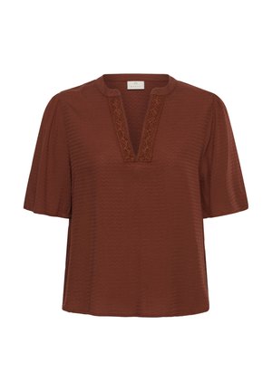 Bluză maro cu mâneci scurte, din material texturat, cu decolteu în V și decorată cu dantelă ornamentală.