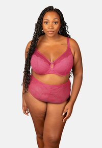 Plunge bra and high-waist brief set in deep rose with floral lace overlay, smooth texture, and adjustable straps. Keyhole detail in bra.