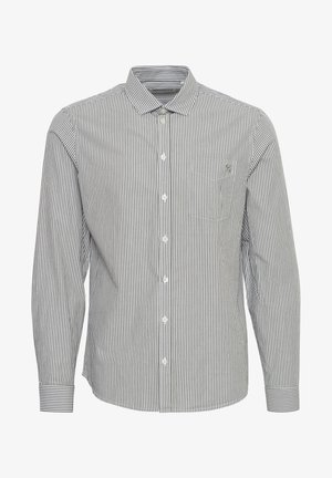 Ilgas rankovės marškiniai su siaurais mėlynais ir baltais dryžiais, krūtinės kišenė ir klasikinis apykaklė, pagaminti iš lengvos medžiagos.