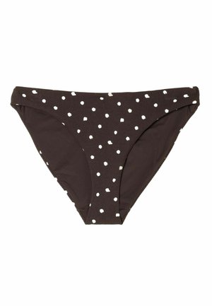 Čierne spodné diely bikín s bielymi nepravidelnými bodkami, textúrovaná látka a stredné krytie, uložené na bielom pozadí.
