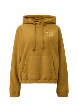 Felpa con cappuccio marrone in pile con tasca a marsupio, colletto con bottoni, cordini, e testo bianco "Sii gentile e fortunato Fondato nel 1994" sul petto.